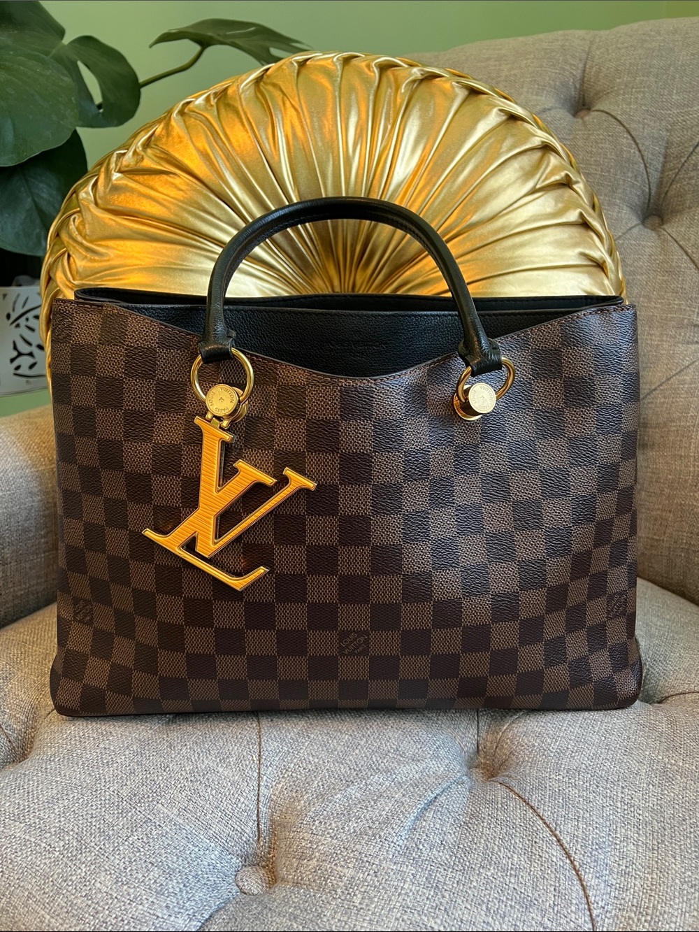 Louis Vuitton Damier Ebene Tote with Gold LV Charm - Brown/Black/Gold